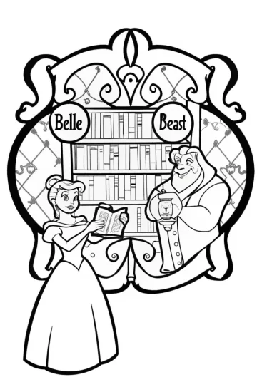 A coloring page of Belle and Beast in the Enchanted Library Coloring Page