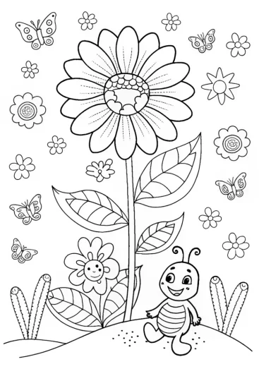 A coloring page of Banban meets a friendly caterpillar in the garden
