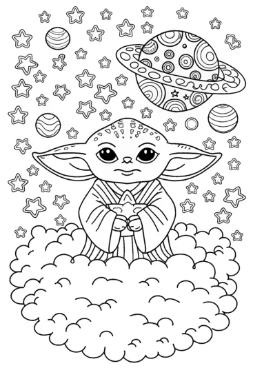 A coloring page of Baby Yoda’s Stellar Snack Time Coloring Page