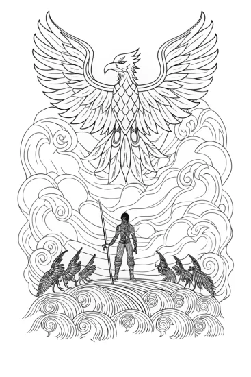 A coloring page of Demon Slayer and Phoenix Coloring Page