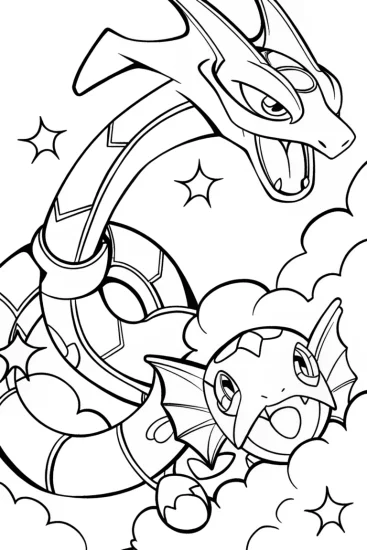 A coloring page of Rayquaza and Zekrom Aerial Dance Coloring Page