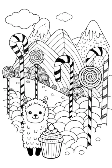 A coloring page of Squishmallow Llama and Cupcake Coloring Page