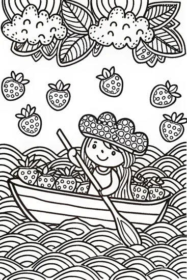 A coloring page of Strawberry Shortcake’s Leafy Boat Journey Coloring Page