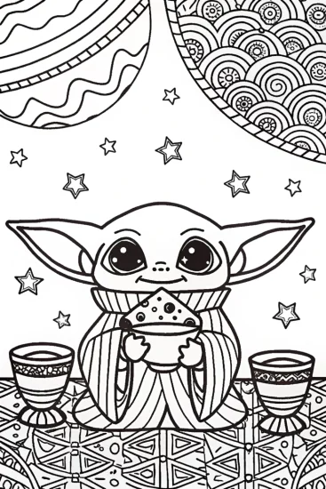A coloring page of Baby Yoda’s Celestial Tea Party Coloring Page