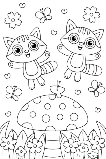 A coloring page of Bouncing Baby Raccoons Coloring Page