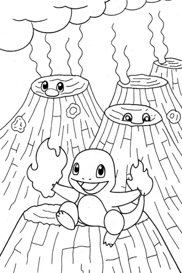 A coloring page of Charmander’s Volcano Adventure Coloring Page