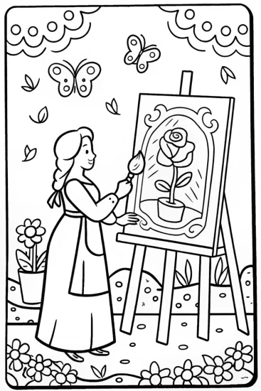 A coloring page of Belle’s Enchanted Garden Studio Coloring Page