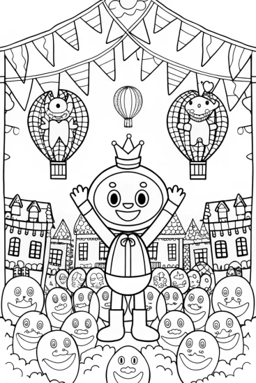 A coloring page of Huggy Wuggy Balloon Parade Coloring Page