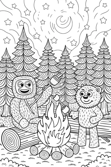 A coloring page of Huggy Wuggy’s Cozy Campfire Night Coloring Page