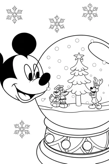 A coloring page of Mickey Mouse Magical Snow Globe Coloring Page