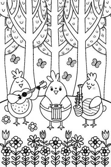 A coloring page of Chickens on a Musical Adventure Coloring Page