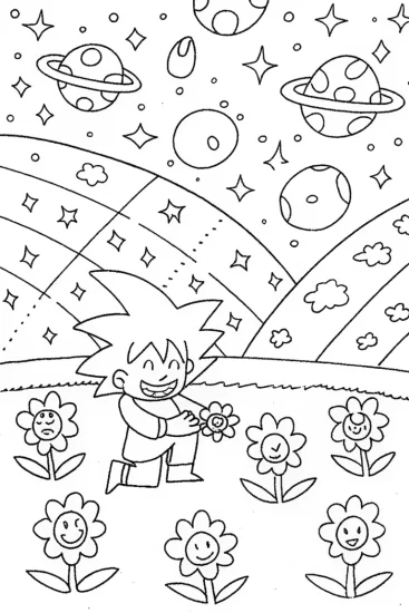 A coloring page of Goku in a starry garden coloring page