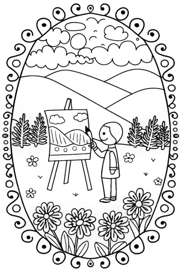 A coloring page of Creative Artist in a Whimsical Garden Coloring Page