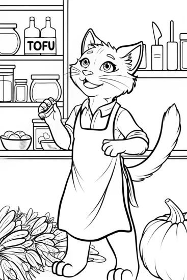 A coloring page of Tofu the Cat’s Culinary Adventure Coloring Page