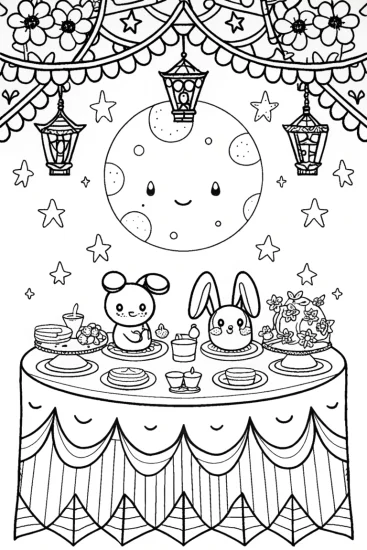 A coloring page of My Melody’s Starry Sky Tea Party Coloring Page