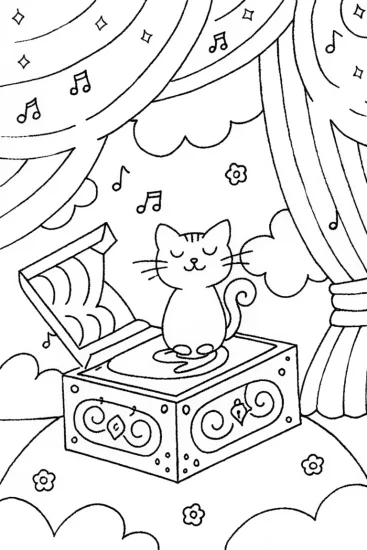 A coloring page of Serenade the Cat and the Enchanted Music Box Coloring Page