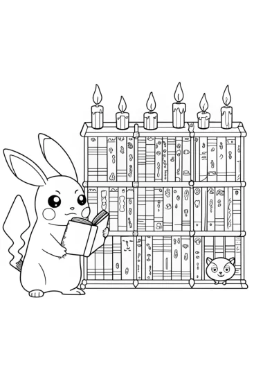 A coloring page of Pikachu’s Adventure in the Enchanted Library