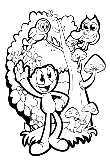 A coloring page of Huggy Wuggy’s journey through the magical forest