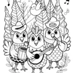 Chickens jamming in a musical meadow
