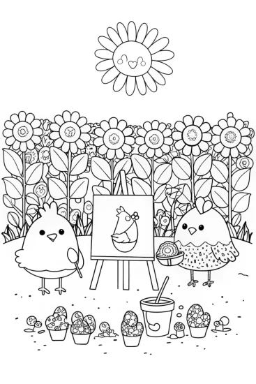 A coloring page of Chickens’ Garden Workshop Coloring Page