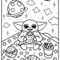 Baby Yoda Cosmic Picnic Coloring Page