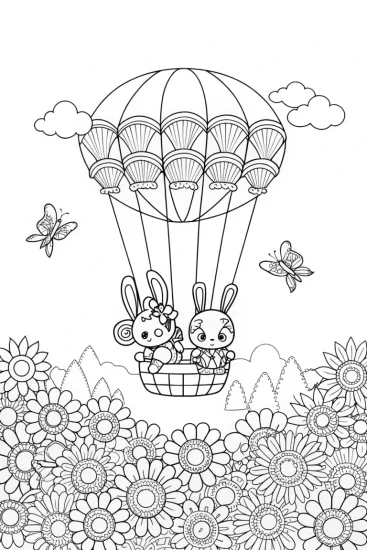 A coloring page of My Melody and Pompompurin Balloon Adventure Coloring Page