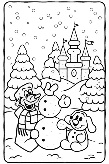 A coloring page of Goofy and Pluto Snow Castle Coloring Page