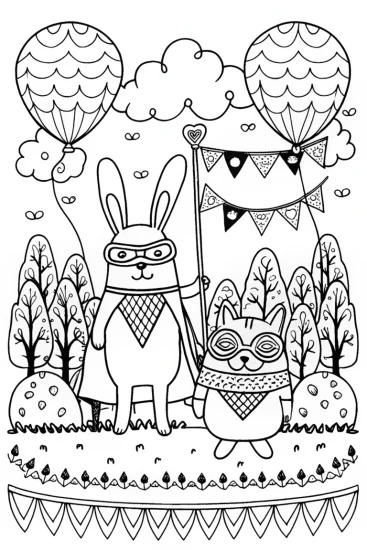 A coloring page of Superhero pets on parade coloring page