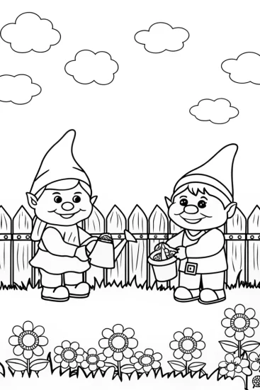 A coloring page of Playful Garden Gnomes Coloring Page