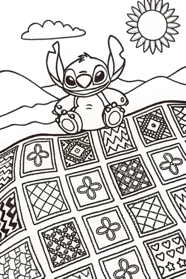 A coloring page of Stitch’s Quilt of Colorful Dreams