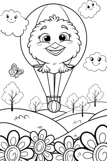 A coloring page of Chick’s Joyful Balloon Journey Coloring Page