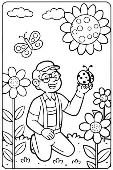 A coloring page of Blippi’s Garden Adventure Coloring Page