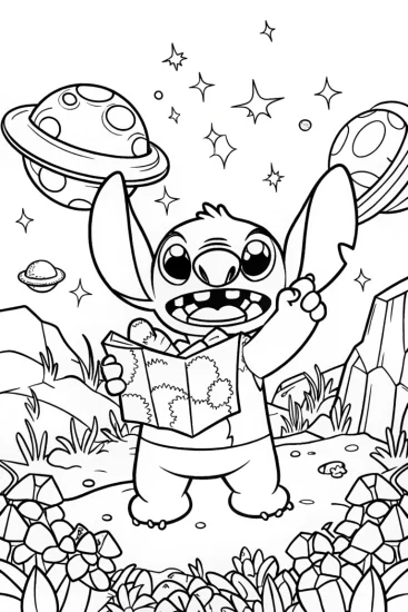 A coloring page of Stitch on a Galactic Treasure Hunt Coloring Page