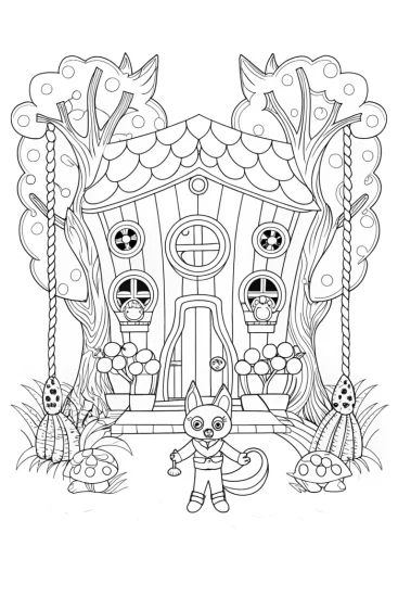 A coloring page of Huggy Wuggy’s Enchanted Treehouse Adventure Coloring Page