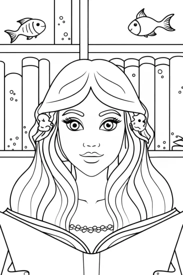 A coloring page of Mermaid’s Enchanted Library Coloring Page