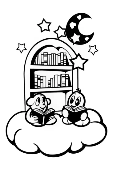 A coloring page of Monsters in the Moonlit Library Coloring Page