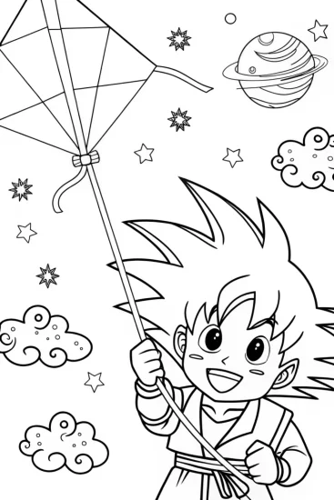 A coloring page of Goku’s Galactic Kite Adventure Coloring Page