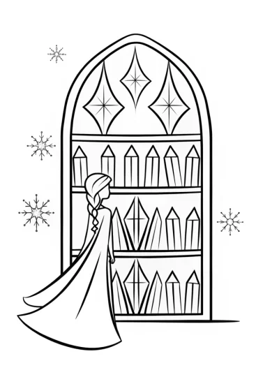 A coloring page of Elsa in her magical ice library