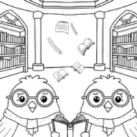Chickens in a Magical Library Coloring Page