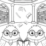 Chickens in a Magical Library Coloring Page