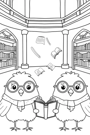 A coloring page of Chickens in a Magical Library Coloring Page