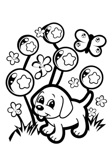 A coloring page of Puppy in a Bubble Maze Coloring Page