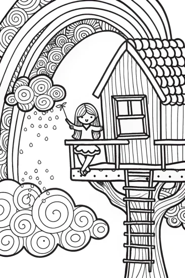 A coloring page of Rainbow Wishes Treehouse Coloring Page