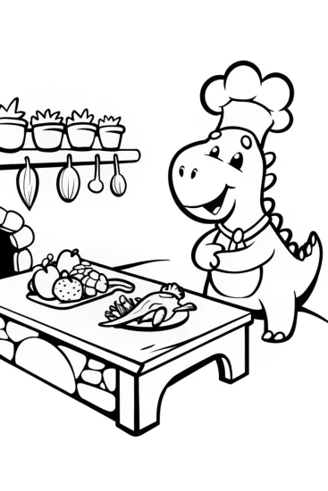 A coloring page of Dino Chef’s Culinary Adventure Coloring Page