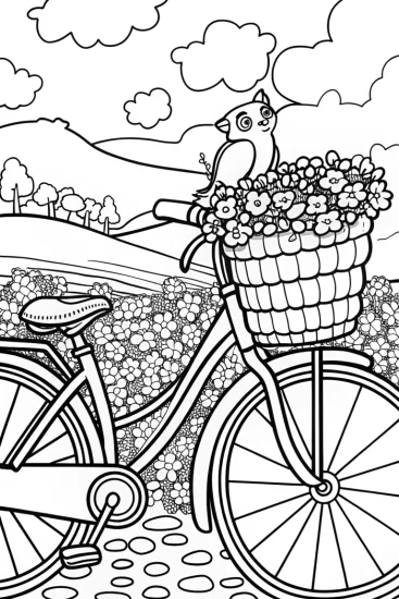 A coloring page of Whimsical Bicycle with Squirrel and Bird Coloring Page