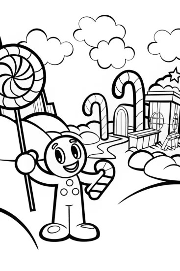 A coloring page of Huggy Wuggy’s Candy Factory Coloring Page