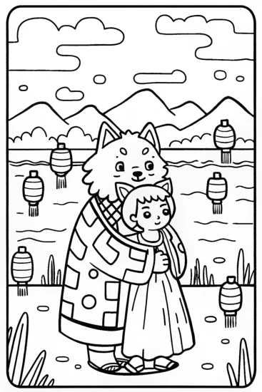 A coloring page of Demon Slayer and Wolf Spirit Coloring Page