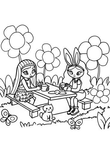 A coloring page of Yasmin and Sasha Fashion Garden Coloring Page