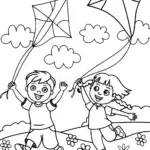Children Flying Kites Coloring Page