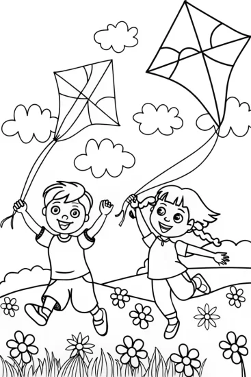 A coloring page of Children Flying Kites Coloring Page